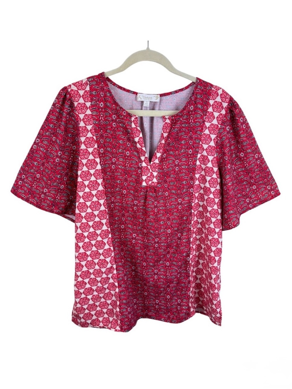 Weekend Suzanne Betro Womens 1X Red Floral Geometric Mixed Print Blouse Top
